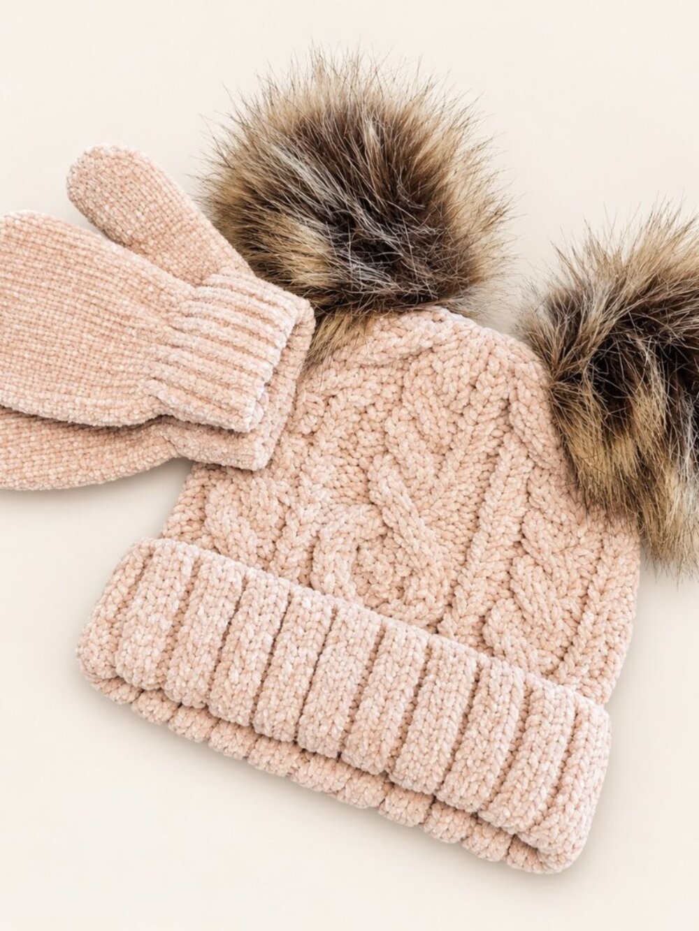 Double-Pom Cable Knit Hat and Mittens Set